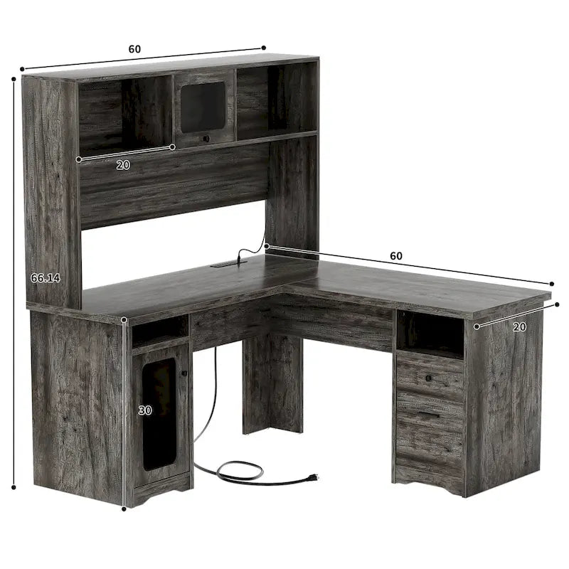 L-Shaped Corner Desk with Hutch & File Cabinet, 1-Person (Black / Red Oak / White / Rustic Brown / Grey Oak)