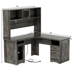 L-Shaped Corner Desk with Hutch & File Cabinet, 1-Person (Black / Red Oak / White / Rustic Brown / Grey Oak)
