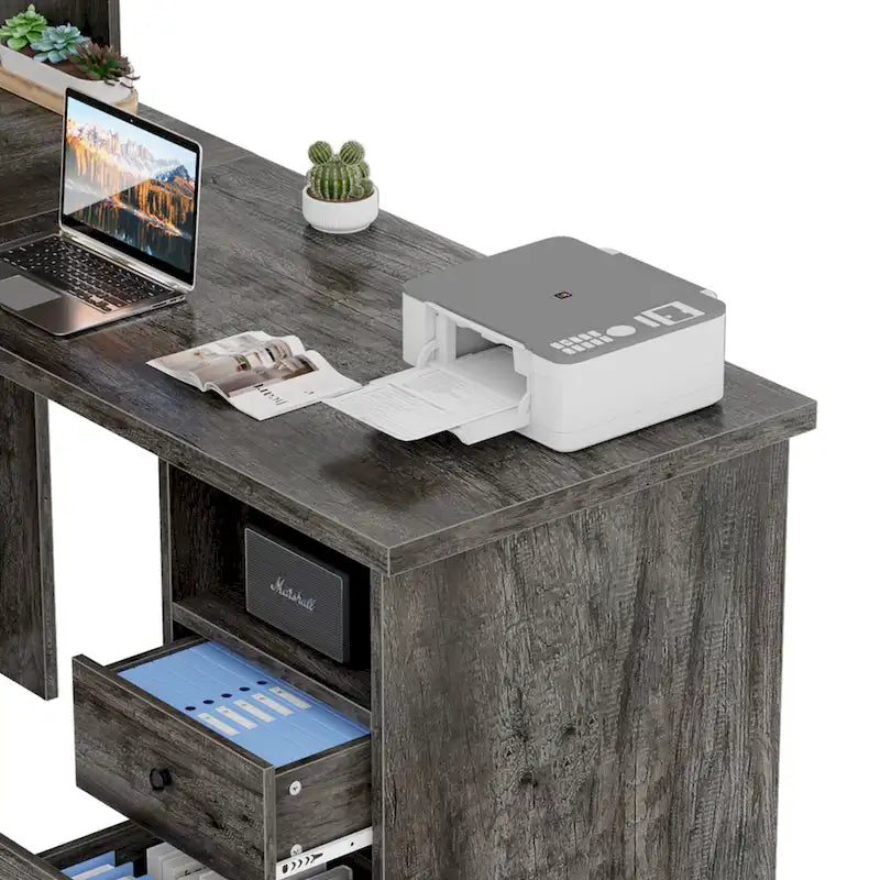 L-Shaped Corner Desk with Hutch & File Cabinet, 1-Person (Black / Red Oak / White / Rustic Brown / Grey Oak)