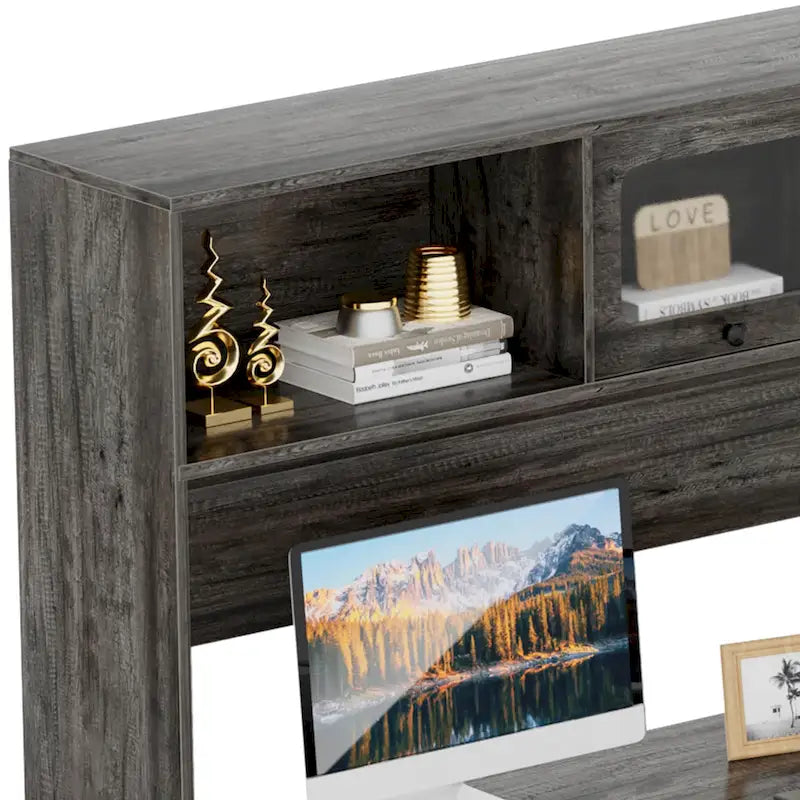 L-Shaped Corner Desk with Hutch & File Cabinet, 1-Person (Black / Red Oak / White / Rustic Brown / Grey Oak)
