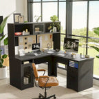 L-Shaped Corner Desk with Hutch & File Cabinet, 1-Person (Black / Red Oak / White / Rustic Brown / Grey Oak)