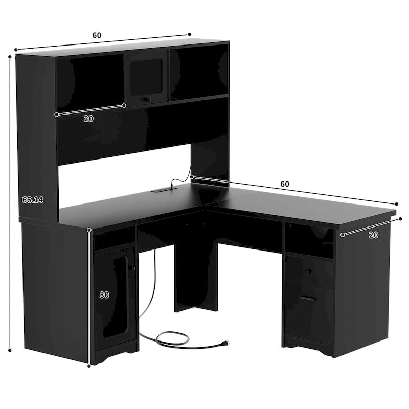L-Shaped Corner Desk with Hutch & File Cabinet, 1-Person (Black / Red Oak / White / Rustic Brown / Grey Oak)