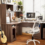 L-Shaped Corner Desk with Hutch & File Cabinet, 1-Person (Black / Red Oak / White / Rustic Brown / Grey Oak)