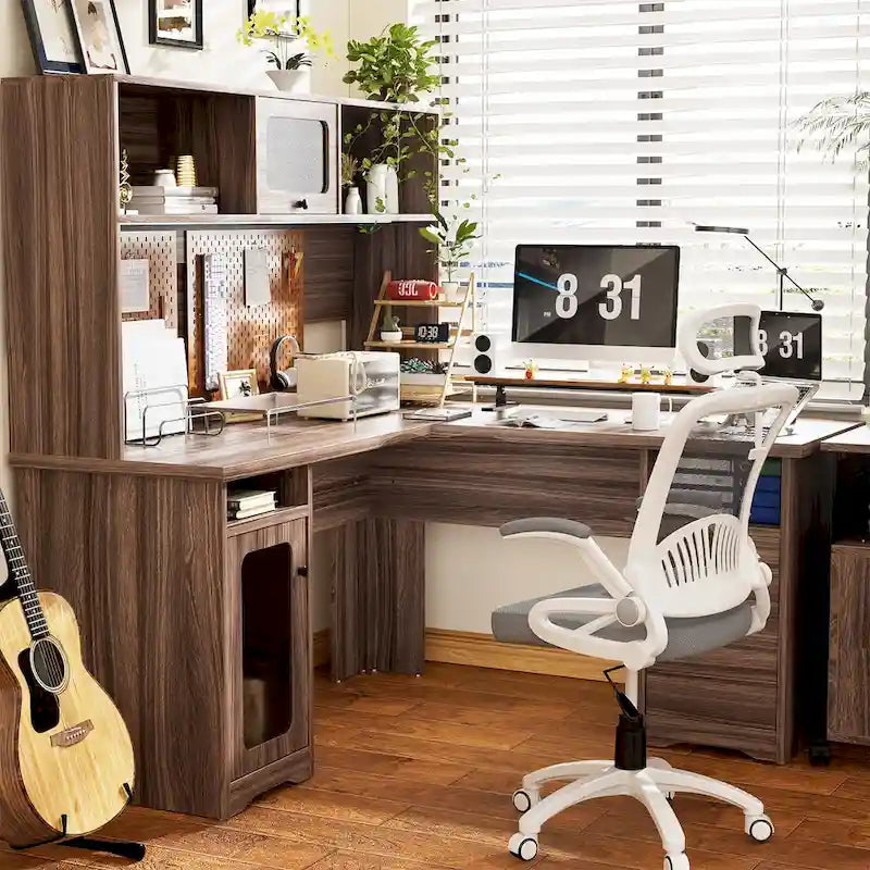 L-Shaped Corner Desk with Hutch & File Cabinet, 1-Person (Black / Red Oak / White / Rustic Brown / Grey Oak)