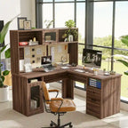 L-Shaped Corner Desk with Hutch & File Cabinet, 1-Person (Black / Red Oak / White / Rustic Brown / Grey Oak)