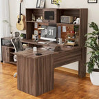 L-Shaped Corner Desk with Hutch & File Cabinet, 1-Person (Black / Red Oak / White / Rustic Brown / Grey Oak)