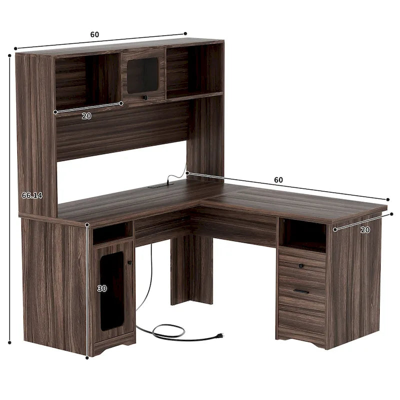 L-Shaped Corner Desk with Hutch & File Cabinet, 1-Person (Black / Red Oak / White / Rustic Brown / Grey Oak)