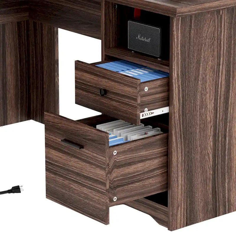 L-Shaped Corner Desk with Hutch & File Cabinet, 1-Person (Black / Red Oak / White / Rustic Brown / Grey Oak)