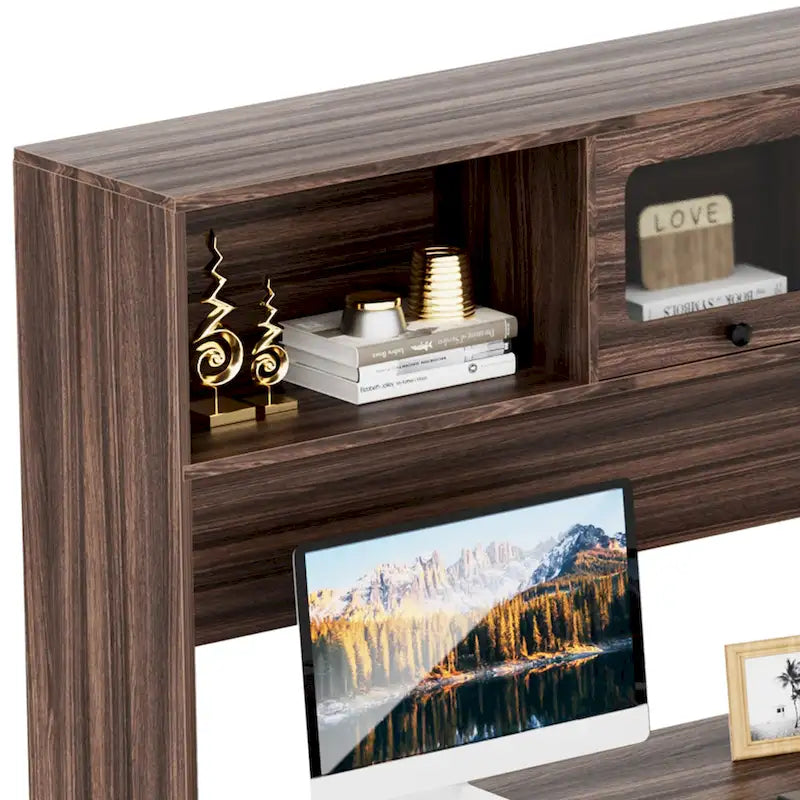 L-Shaped Corner Desk with Hutch & File Cabinet, 1-Person (Black / Red Oak / White / Rustic Brown / Grey Oak)