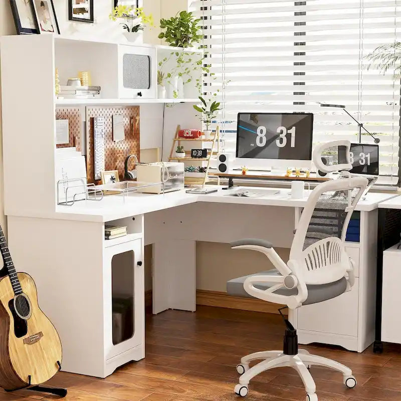 L-Shaped Corner Desk with Hutch & File Cabinet, 1-Person (Black / Red Oak / White / Rustic Brown / Grey Oak)