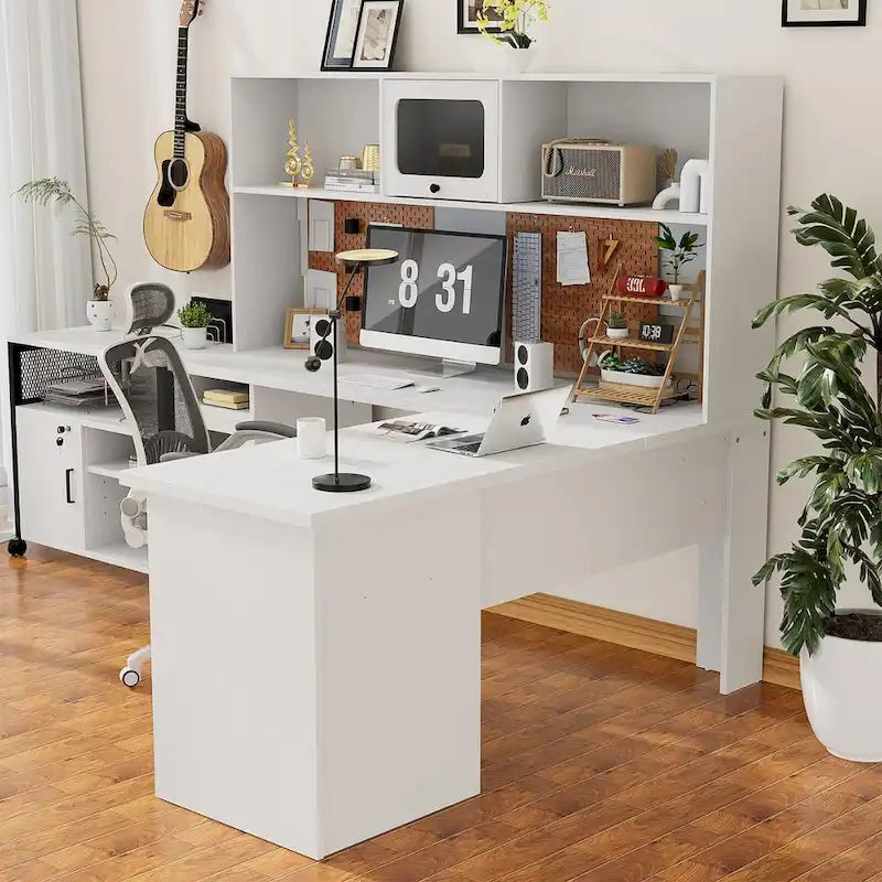 L-Shaped Corner Desk with Hutch & File Cabinet, 1-Person (Black / Red Oak / White / Rustic Brown / Grey Oak)