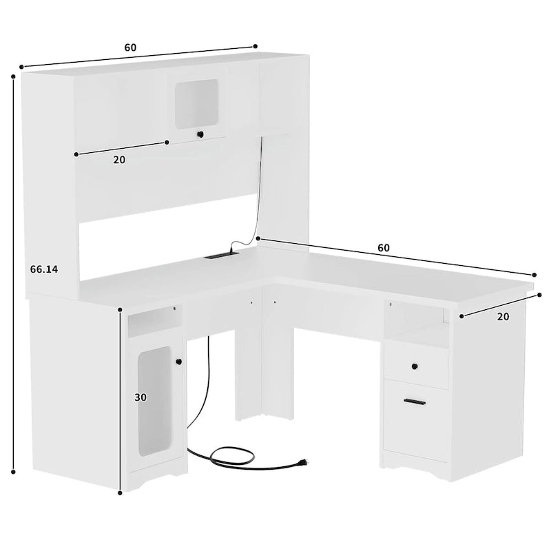 L-Shaped Corner Desk with Hutch & File Cabinet, 1-Person (Black / Red Oak / White / Rustic Brown / Grey Oak)