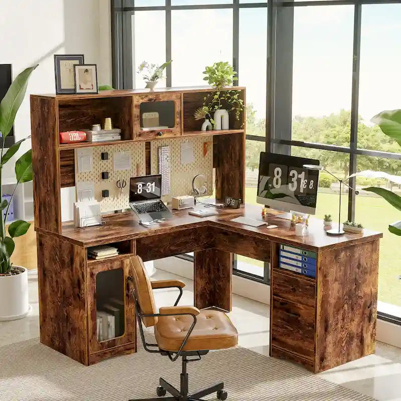 L-Shaped Corner Desk with Hutch & File Cabinet, 1-Person (Black / Red Oak / White / Rustic Brown / Grey Oak)