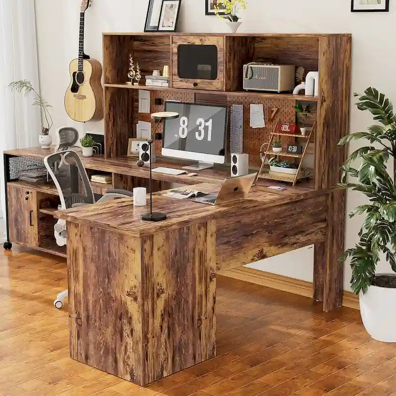 L-Shaped Corner Desk with Hutch & File Cabinet, 1-Person (Black / Red Oak / White / Rustic Brown / Grey Oak)