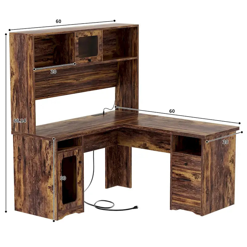 L-Shaped Corner Desk with Hutch & File Cabinet, 1-Person (Black / Red Oak / White / Rustic Brown / Grey Oak)