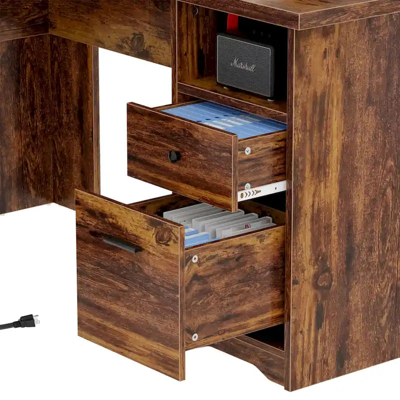 L-Shaped Corner Desk with Hutch & File Cabinet, 1-Person (Black / Red Oak / White / Rustic Brown / Grey Oak)