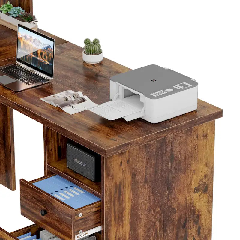 L-Shaped Corner Desk with Hutch & File Cabinet, 1-Person (Black / Red Oak / White / Rustic Brown / Grey Oak)