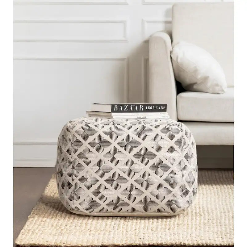 Black & Ivory Square Pouf Ottoman, Footrest & Extra Seat, 1-Person