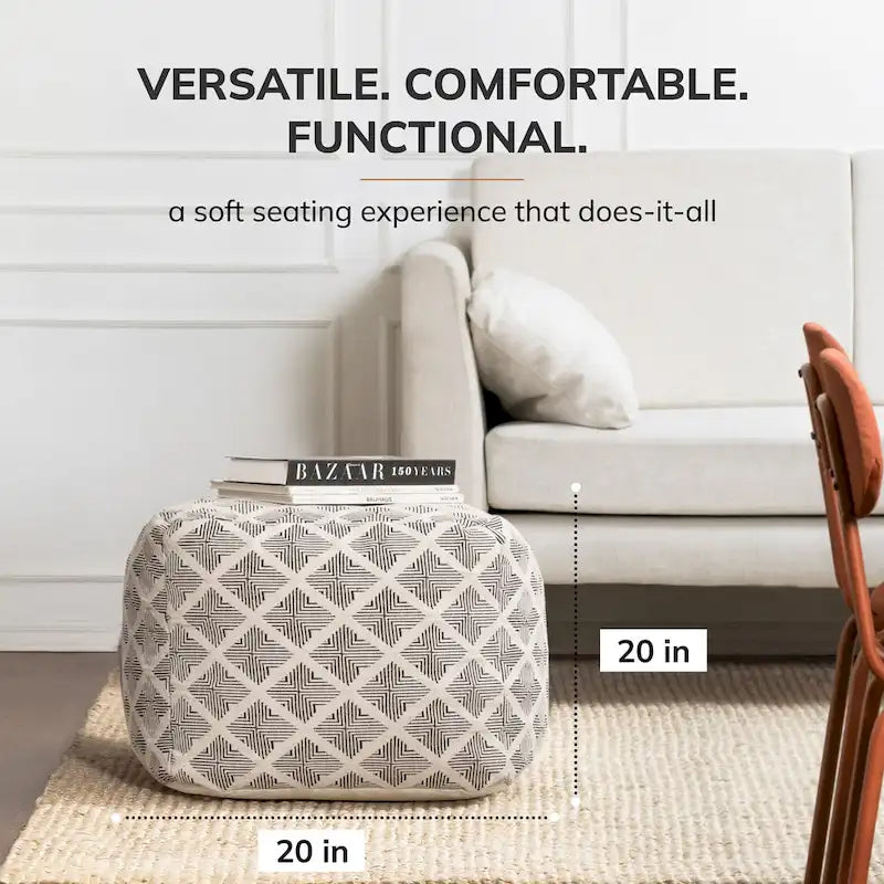 Black & Ivory Square Pouf Ottoman, Footrest & Extra Seat, 1-Person