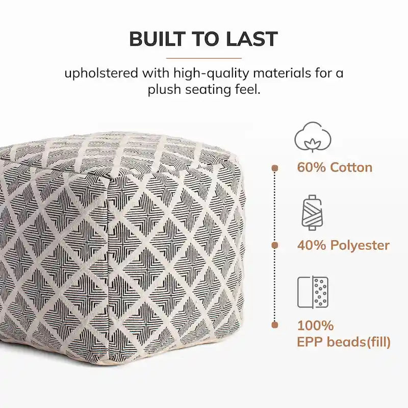 Black & Ivory Square Pouf Ottoman, Footrest & Extra Seat, 1-Person