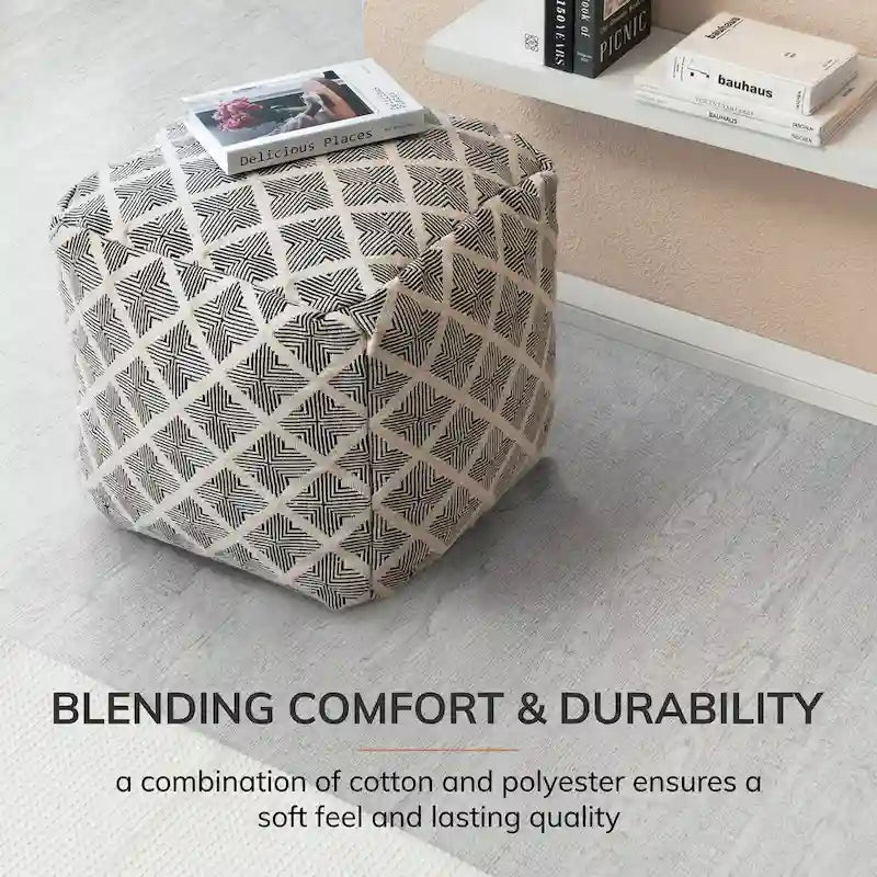 Black & Ivory Square Pouf Ottoman, Footrest & Extra Seat, 1-Person