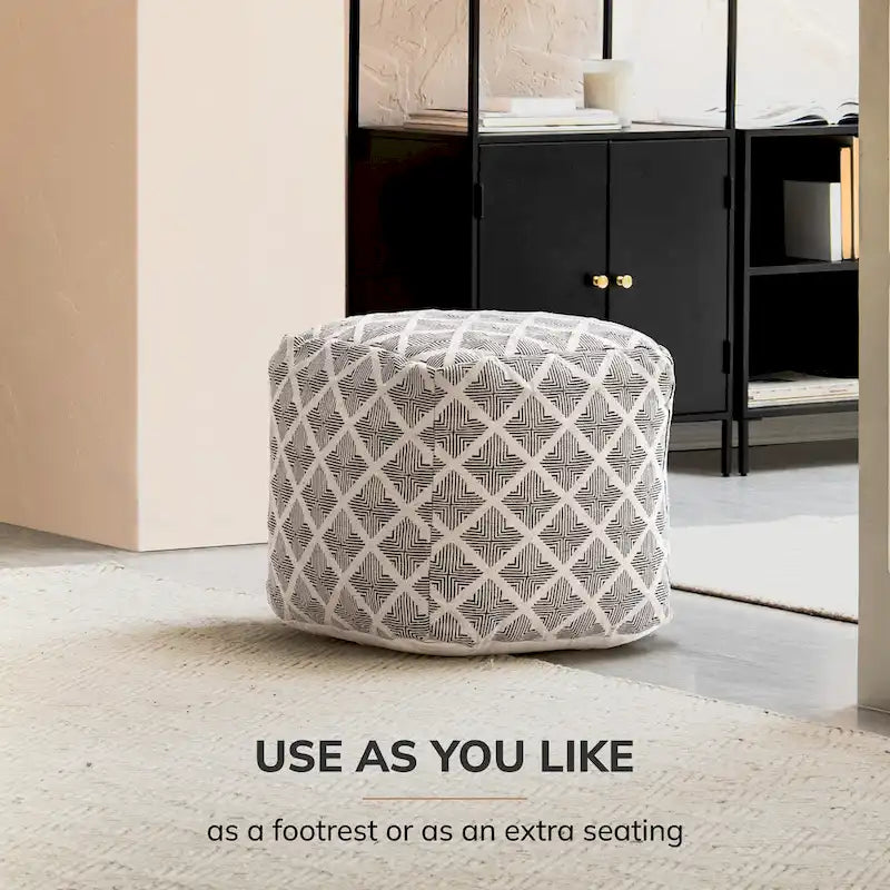 Black & Ivory Square Pouf Ottoman, Footrest & Extra Seat, 1-Person