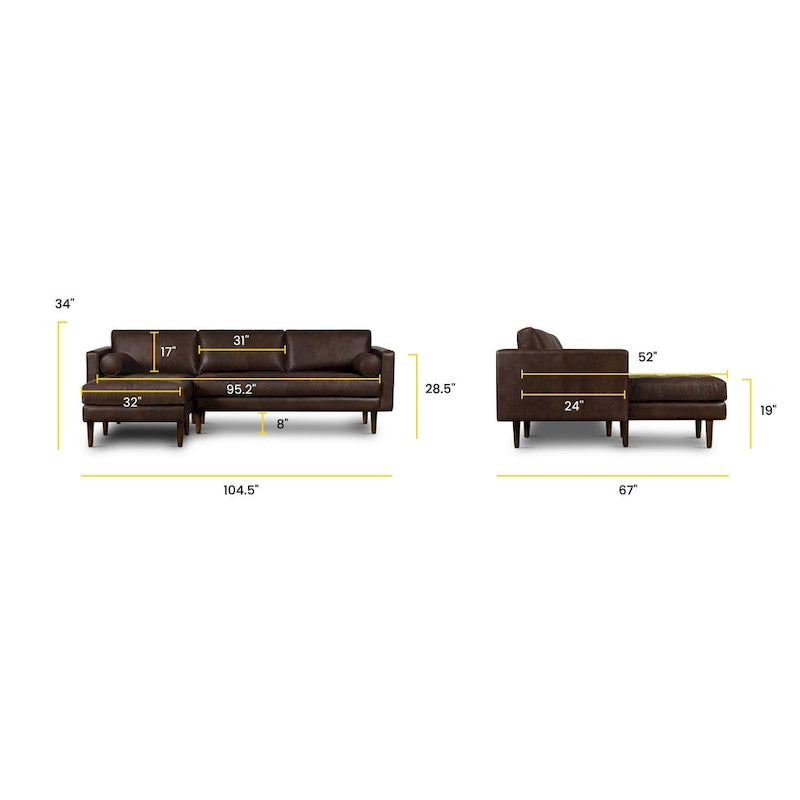Left Sectional Sofa, Italian Leather, 4 Colors, Seats 3–4
