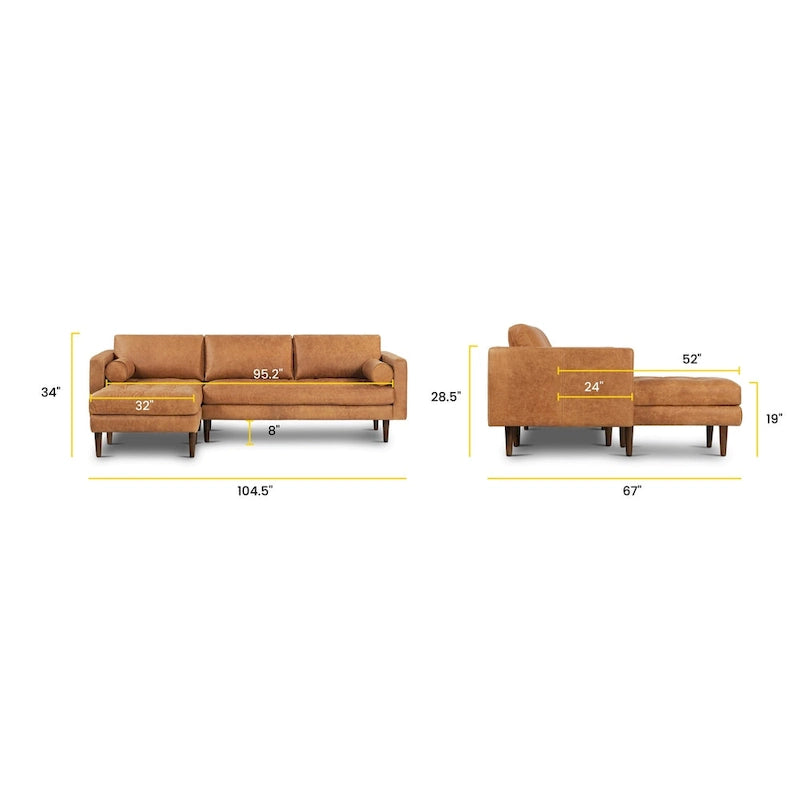 Left Sectional Sofa, Italian Leather, 4 Colors, Seats 3–4