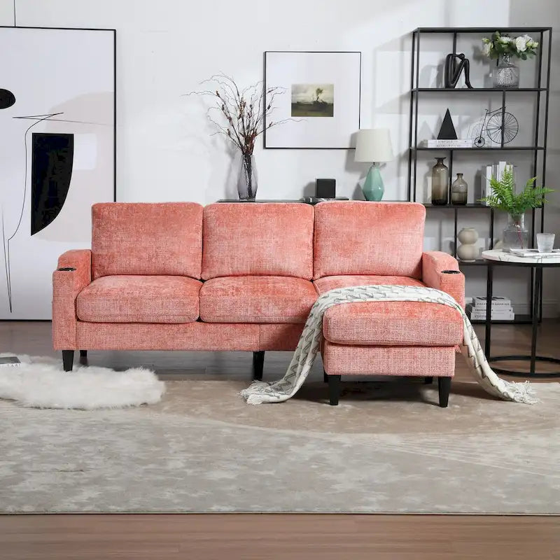 Green / Pink Chenille Sectional Sofa with Storage Ottoman, 2-Seat