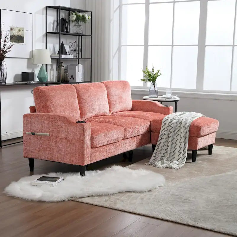 Green / Pink Chenille Sectional Sofa with Storage Ottoman, 2-Seat