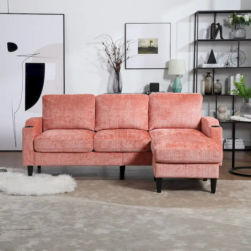 Green / Pink Chenille Sectional Sofa with Storage Ottoman, 2-Seat