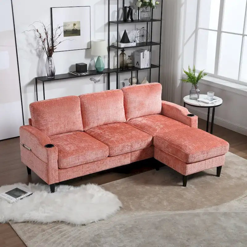 Green / Pink Chenille Sectional Sofa with Storage Ottoman, 2-Seat