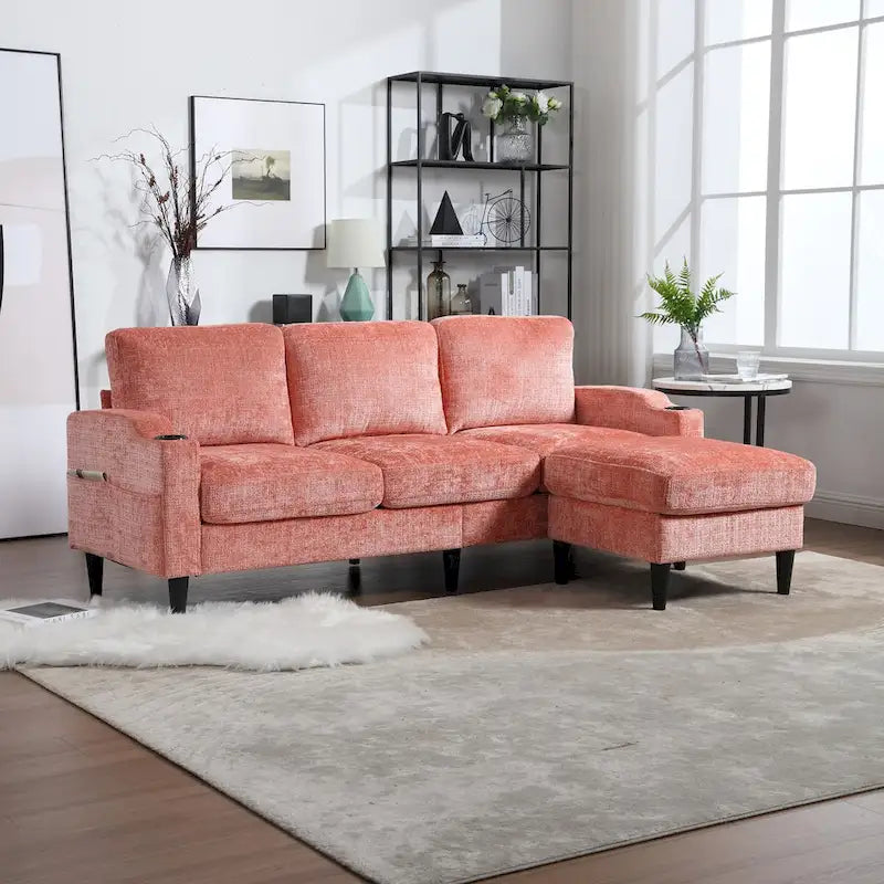 Green / Pink Chenille Sectional Sofa with Storage Ottoman, 2-Seat