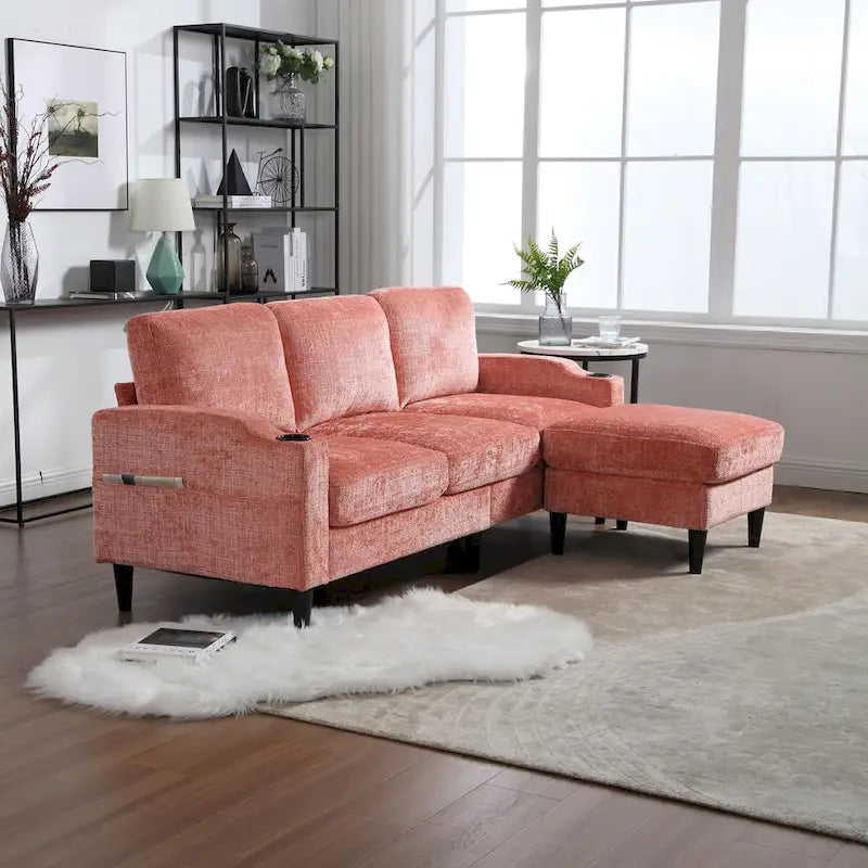 Green / Pink Chenille Sectional Sofa with Storage Ottoman, 2-Seat