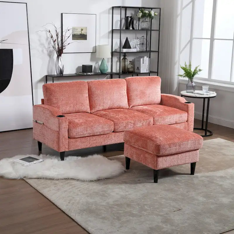 Green / Pink Chenille Sectional Sofa with Storage Ottoman, 2-Seat