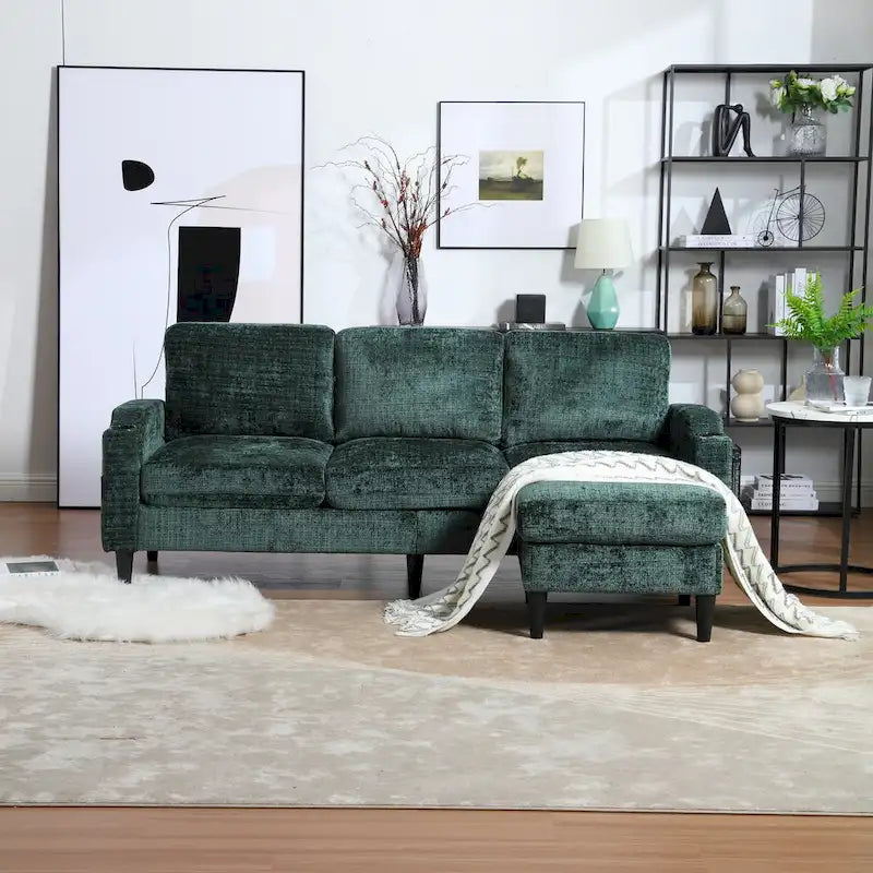 Green / Pink Chenille Sectional Sofa with Storage Ottoman, 2-Seat
