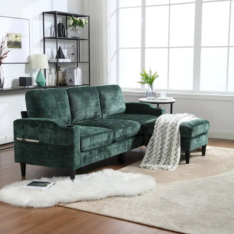 Green / Pink Chenille Sectional Sofa with Storage Ottoman, 2-Seat
