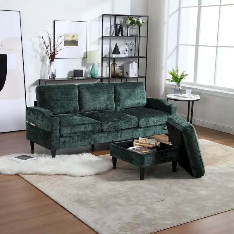 Green / Pink Chenille Sectional Sofa with Storage Ottoman, 2-Seat