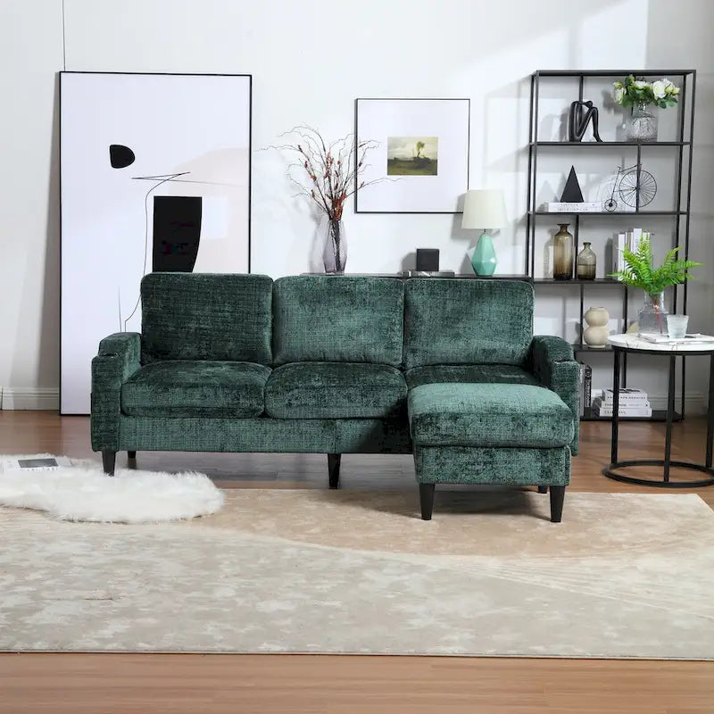 Green / Pink Chenille Sectional Sofa with Storage Ottoman, 2-Seat