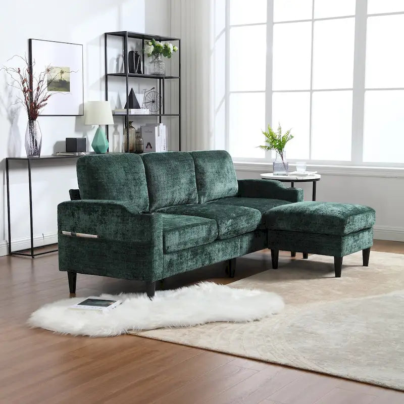 Green / Pink Chenille Sectional Sofa with Storage Ottoman, 2-Seat