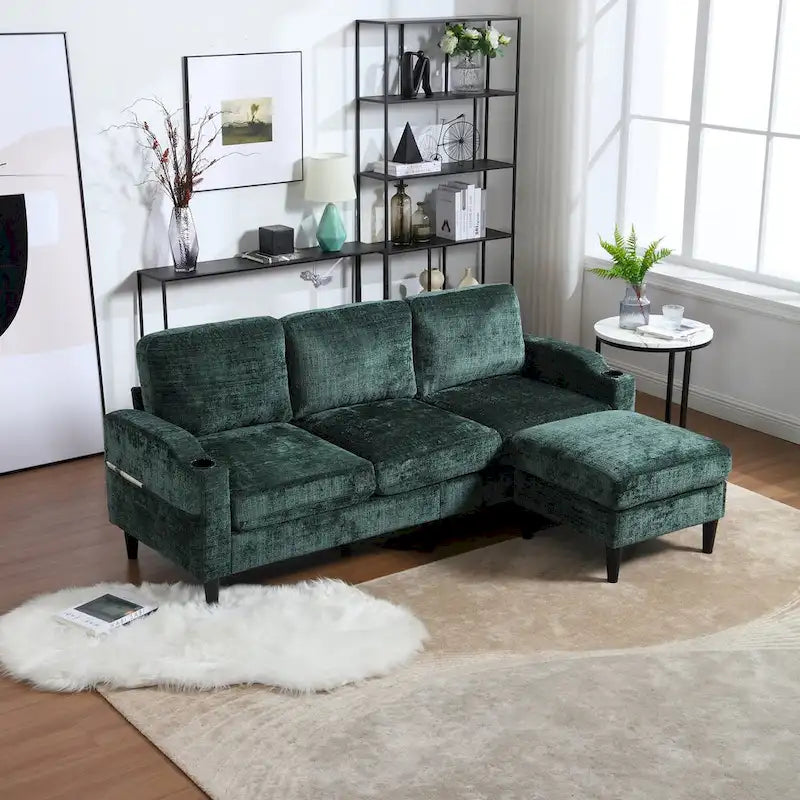 Green / Pink Chenille Sectional Sofa with Storage Ottoman, 2-Seat