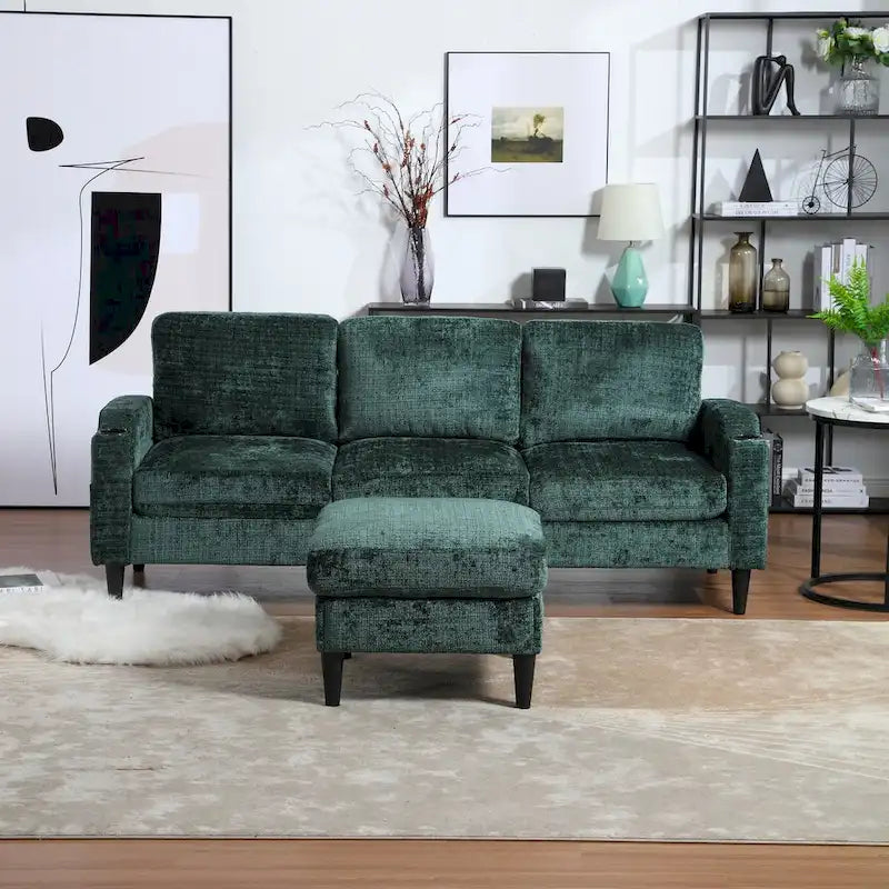 Green / Pink Chenille Sectional Sofa with Storage Ottoman, 2-Seat