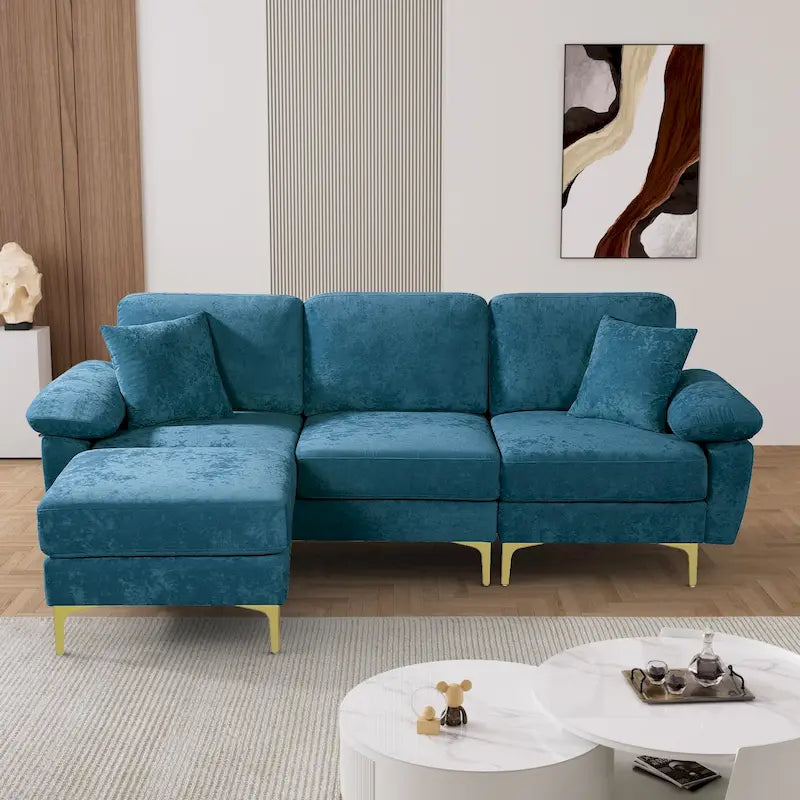 Blue/Pink/Orange/Green/Yellow Velvet U-Shaped Sectional Sofa with Chaise & Pillows, Seats 4–5