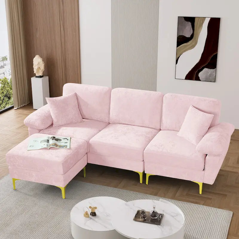 Blue/Pink/Orange/Green/Yellow Velvet U-Shaped Sectional Sofa with Chaise & Pillows, Seats 4–5