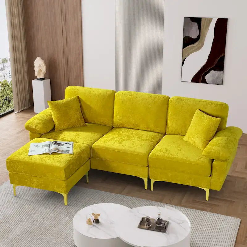 Blue/Pink/Orange/Green/Yellow Velvet U-Shaped Sectional Sofa with Chaise & Pillows, Seats 4–5