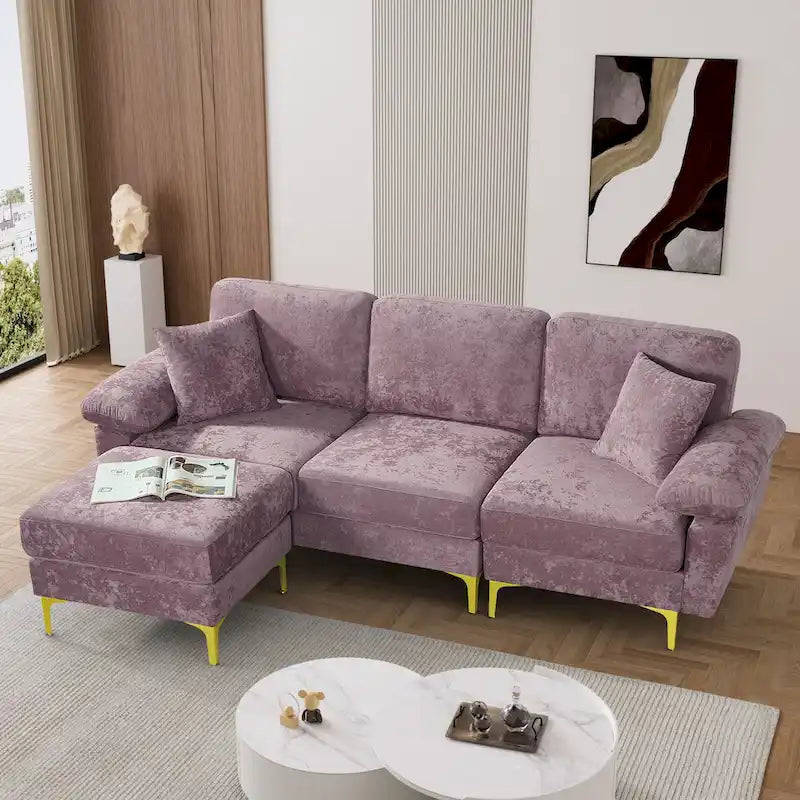 Blue/Pink/Orange/Green/Yellow Velvet U-Shaped Sectional Sofa with Chaise & Pillows, Seats 4–5