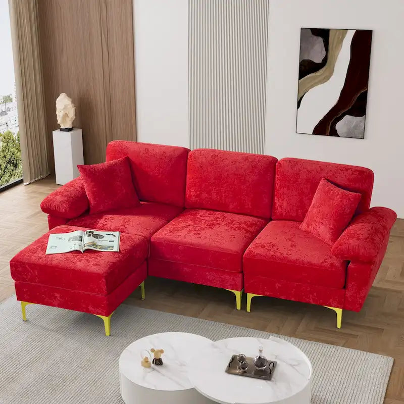 Blue/Pink/Orange/Green/Yellow Velvet U-Shaped Sectional Sofa with Chaise & Pillows, Seats 4–5