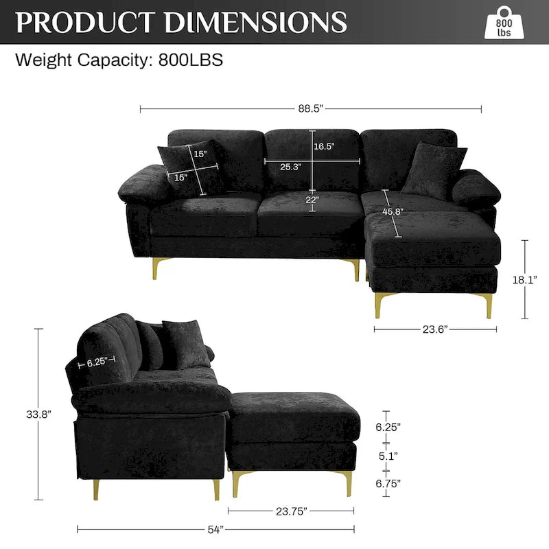 Blue/Pink/Orange/Green/Yellow Velvet U-Shaped Sectional Sofa with Chaise & Pillows, Seats 4–5