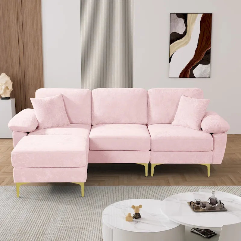 Blue/Pink/Orange/Green/Yellow Velvet U-Shaped Sectional Sofa with Chaise & Pillows, Seats 4–5