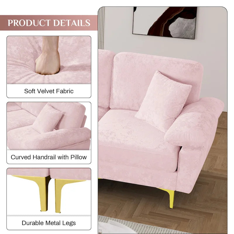 Blue/Pink/Orange/Green/Yellow Velvet U-Shaped Sectional Sofa with Chaise & Pillows, Seats 4–5